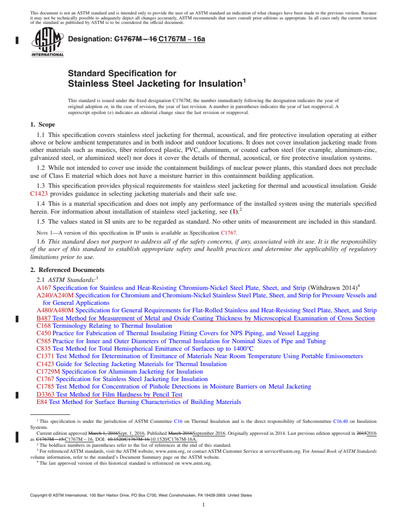 REDLINE ASTM C1767M-16a - Standard Specification for Stainless Steel Jacketing for Insulation