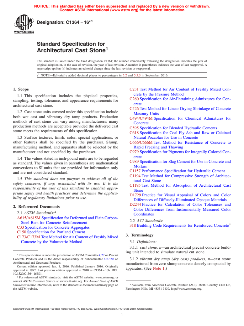 ASTM C1364-16e1 - Standard Specification for  Architectural Cast Stone