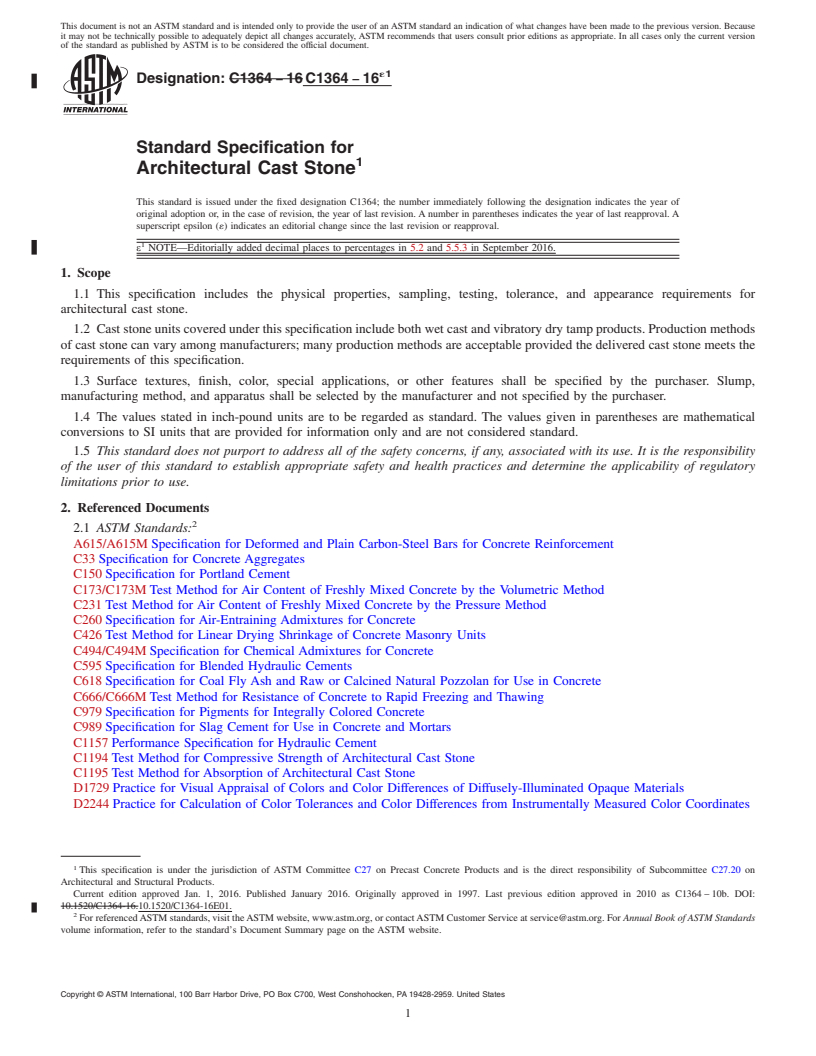 REDLINE ASTM C1364-16e1 - Standard Specification for  Architectural Cast Stone