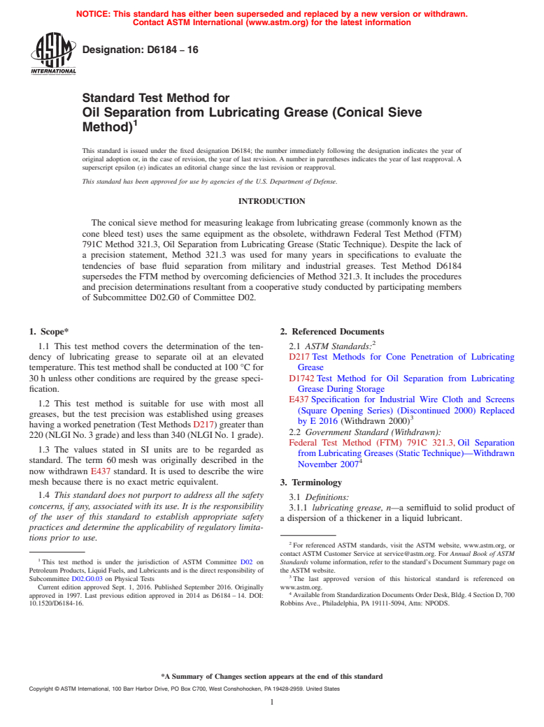 ASTM D6184-16 - Standard Test Method for  Oil Separation from Lubricating Grease (Conical Sieve Method)