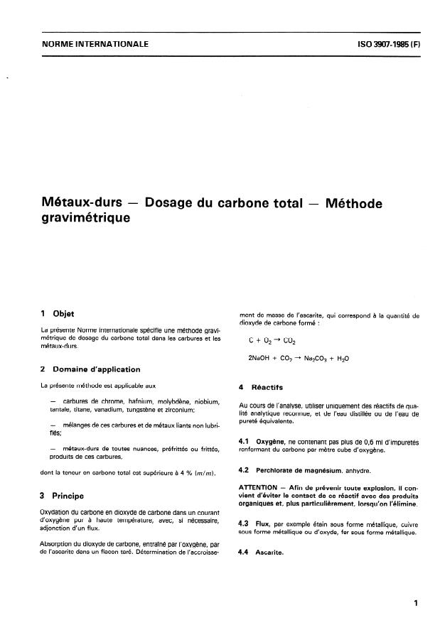 ISO 3907:1985 - Métaux-durs -- Dosage du carbone total -- Méthode gravimétrique