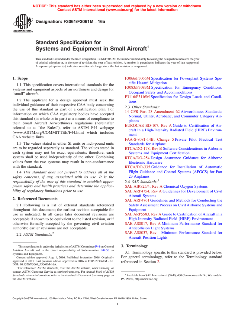 ASTM F3061/F3061M-16a - Standard Specification for Systems and Equipment in Small Aircraft