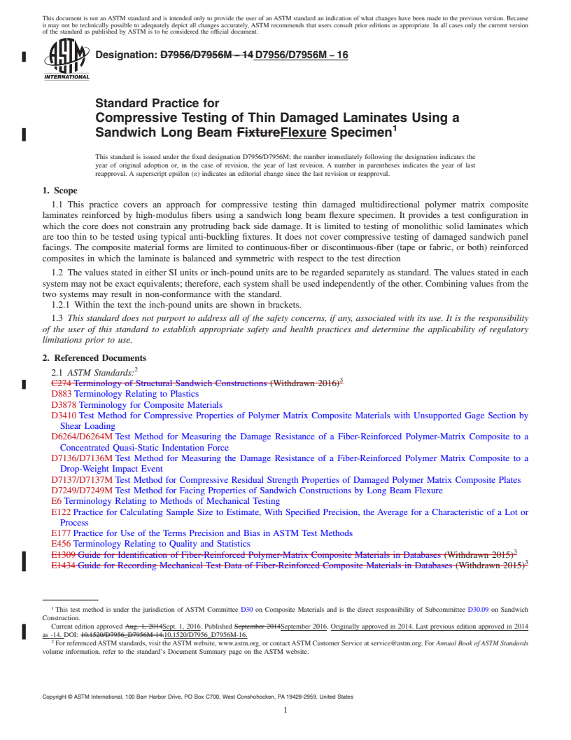 REDLINE ASTM D7956/D7956M-16 - Standard Practice for Compressive Testing of Thin Damaged Laminates Using a Sandwich  Long Beam Flexure Specimen
