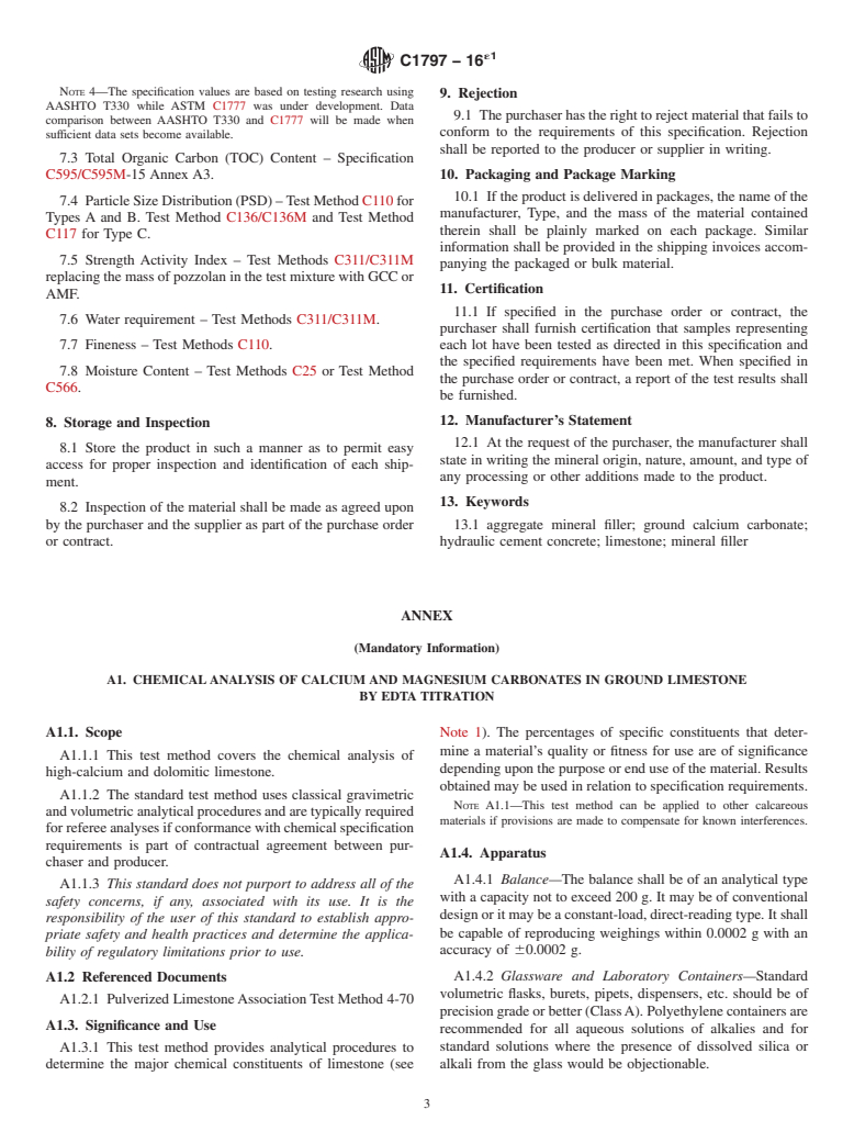 ASTM C1797-16e1 - Standard Specification for Ground Calcium Carbonate and Aggregate Mineral Fillers for  use in Hydraulic Cement Concrete