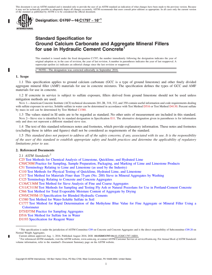 REDLINE ASTM C1797-16e1 - Standard Specification for Ground Calcium Carbonate and Aggregate Mineral Fillers for  use in Hydraulic Cement Concrete