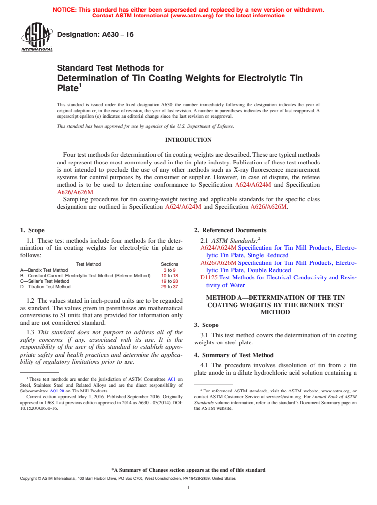 ASTM A630-16 - Standard Test Methods for  Determination of Tin Coating Weights for Electrolytic Tin Plate