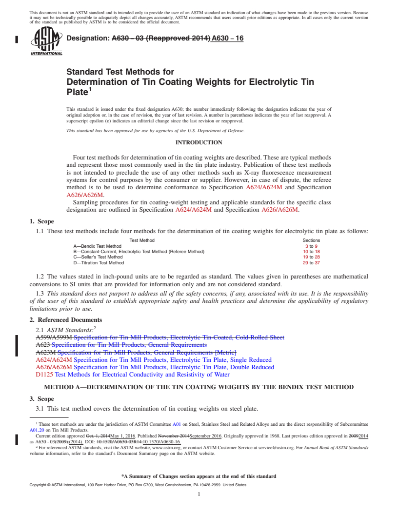 REDLINE ASTM A630-16 - Standard Test Methods for  Determination of Tin Coating Weights for Electrolytic Tin Plate