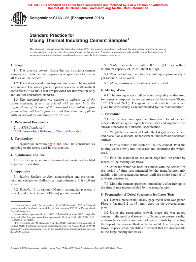 ASTM C163-05(2016) - Standard Practice for  Mixing Thermal Insulating Cement Samples