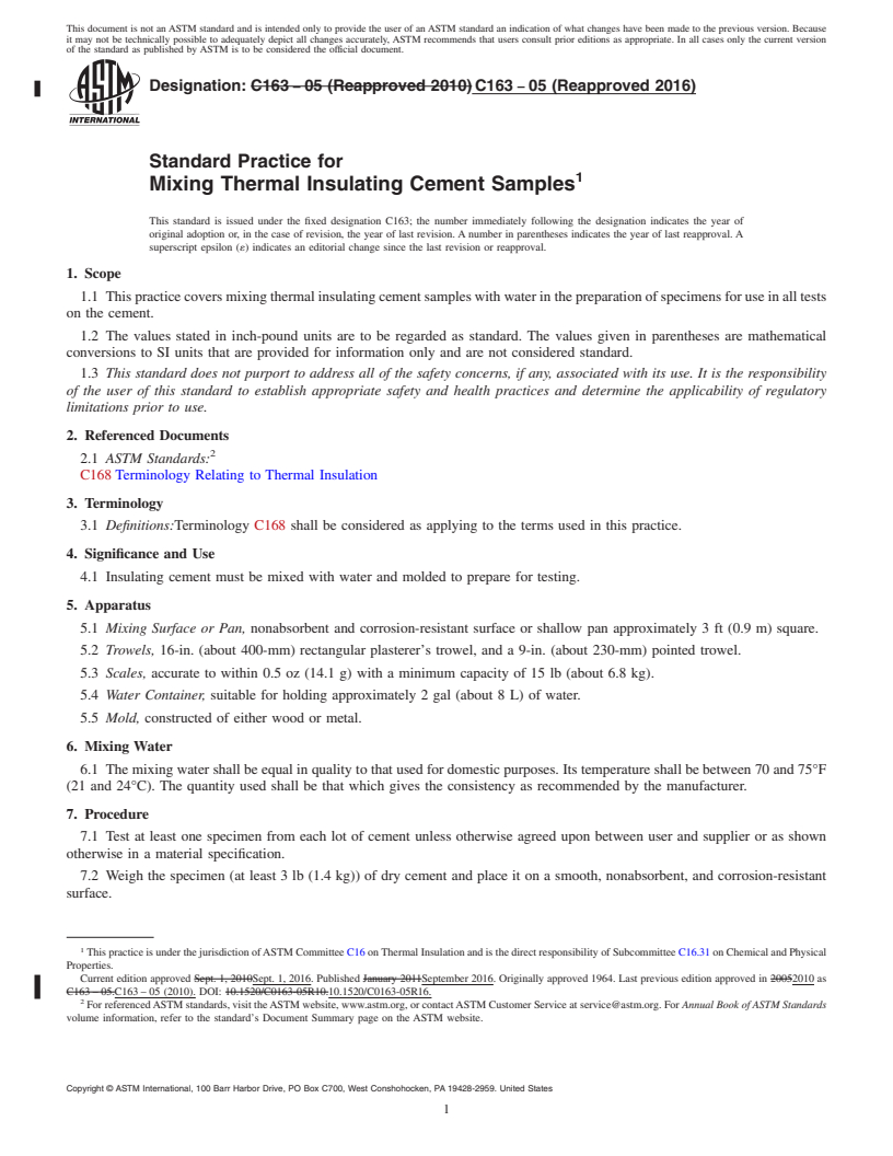 REDLINE ASTM C163-05(2016) - Standard Practice for  Mixing Thermal Insulating Cement Samples