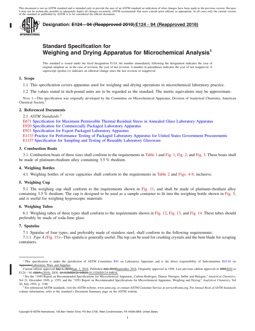 REDLINE ASTM E124-94(2016) - Standard Specification for  Weighing and Drying Apparatus for Microchemical Analysis