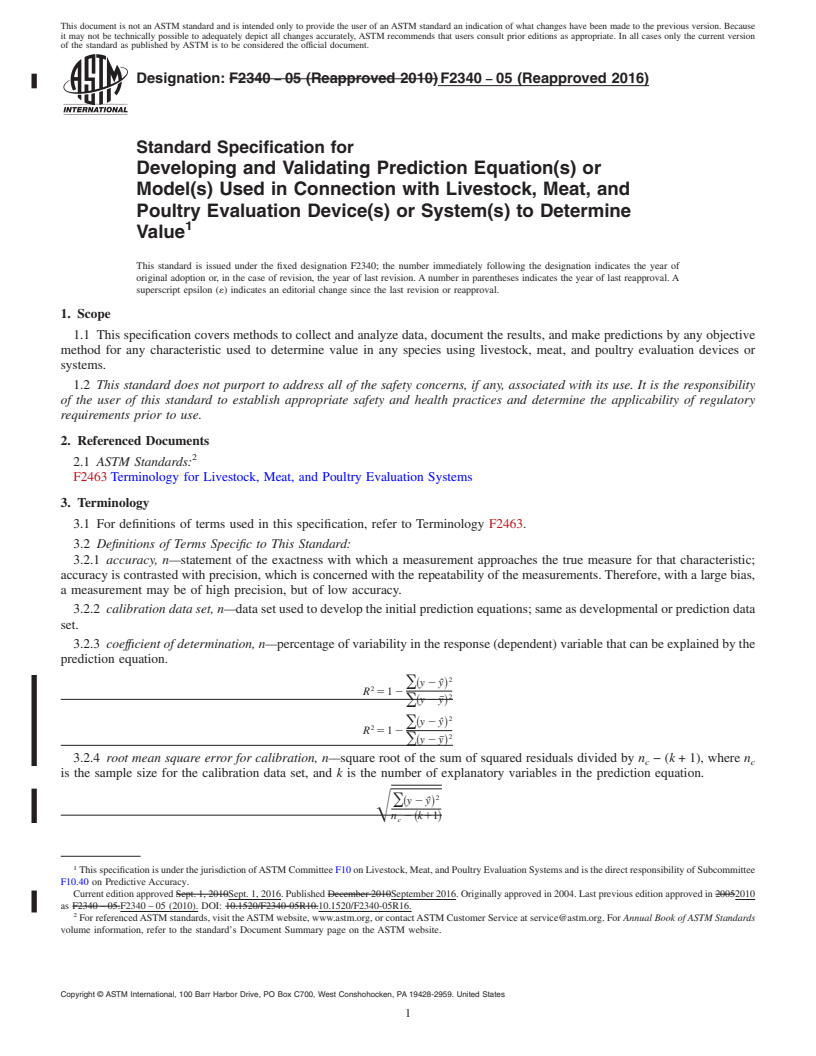 REDLINE ASTM F2340-05(2016) - Standard Specification for  Developing and Validating Prediction Equation(s) or Model(s)  Used in Connection with Livestock, Meat, and Poultry Evaluation Device(s)  or System(s) to Determine Value