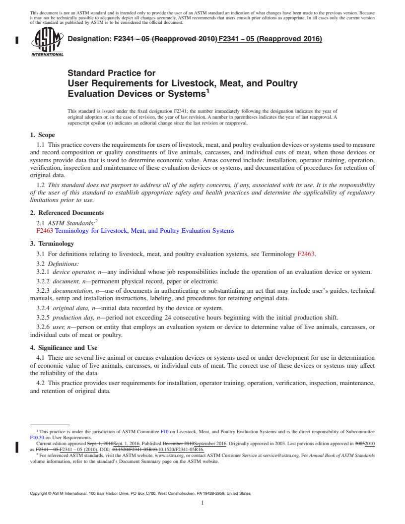 REDLINE ASTM F2341-05(2016) - Standard Practice for User Requirements for Livestock, Meat, and Poultry Evaluation  Devices or Systems