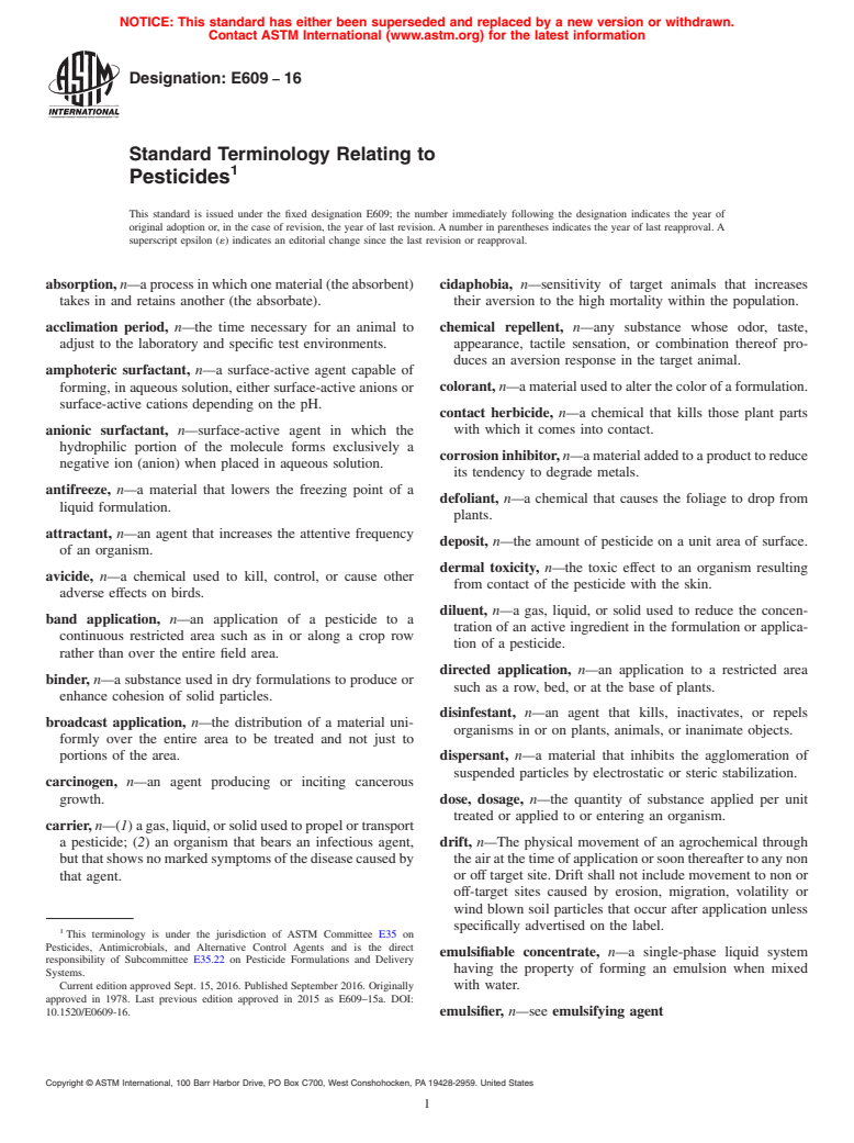 ASTM E609-16 - Standard Terminology Relating to  Pesticides