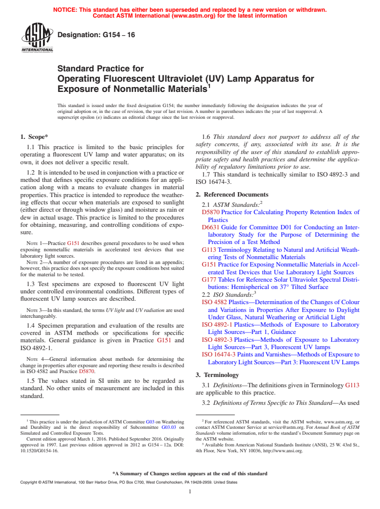 ASTM G154-16 - Standard Practice for  Operating Fluorescent Ultraviolet (UV) Lamp Apparatus for Exposure  of Nonmetallic Materials