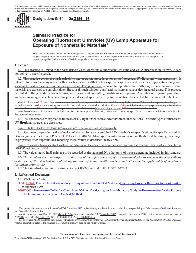 REDLINE ASTM G154-16 - Standard Practice for  Operating Fluorescent Ultraviolet (UV) Lamp Apparatus for Exposure  of Nonmetallic Materials