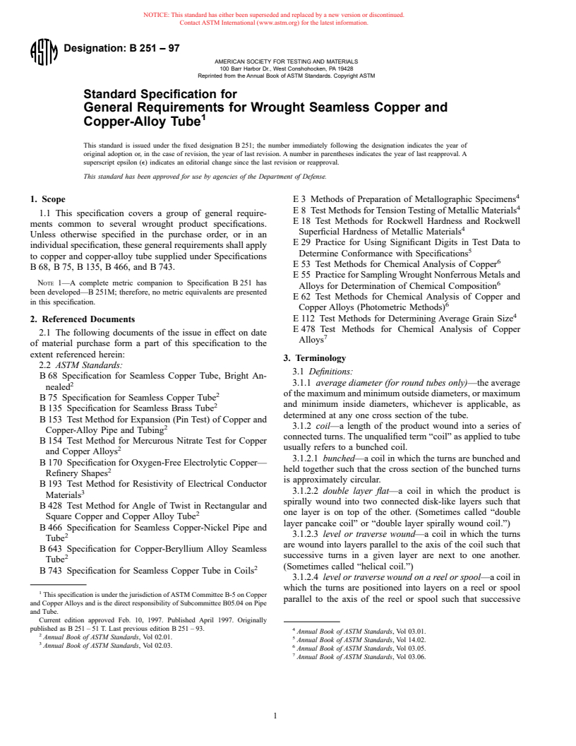 ASTM B251-97 - Standard Specification for General Requirements for Wrought Seamless Copper and Copper-Alloy Tube