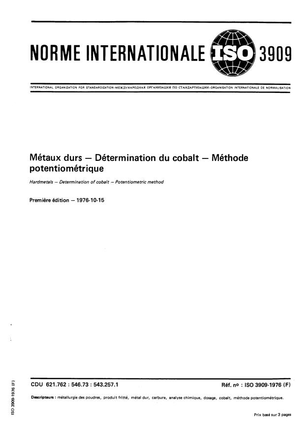 ISO 3909:1976 - Métaux-durs -- Détermination du cobalt -- Méthode potentiométrique
