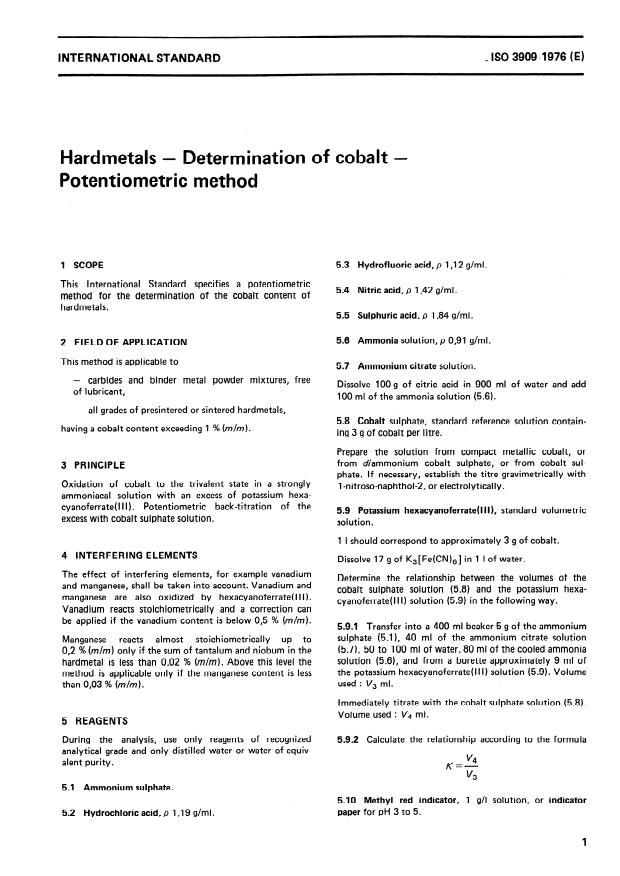 ISO 3909:1976 - Hardmetals -- Determination of cobalt -- Potentiometric method