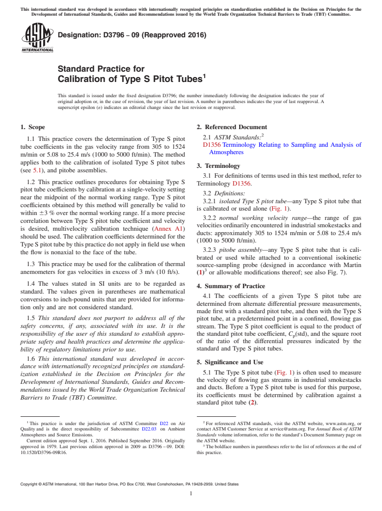 ASTM D3796-09(2016) - Standard Practice for  Calibration of Type S Pitot Tubes