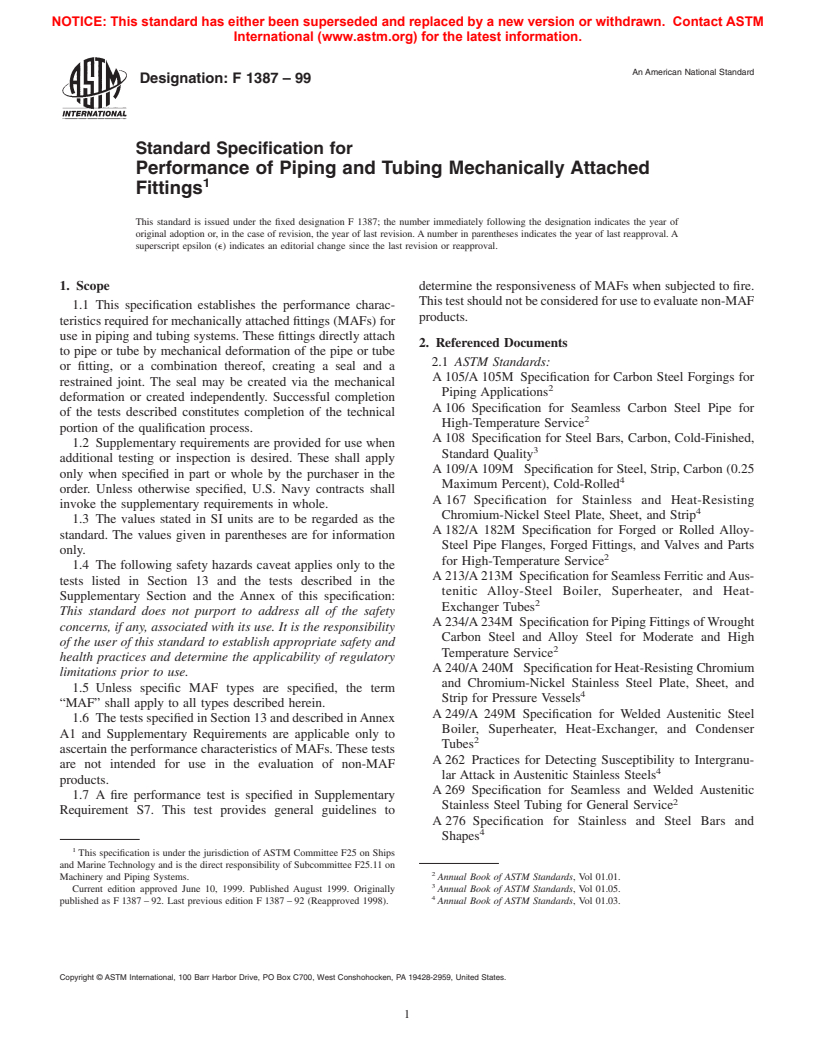 ASTM F1387-99 - Standard Specification for Performance of  Piping and Tubing Mechanically Attached Fittings