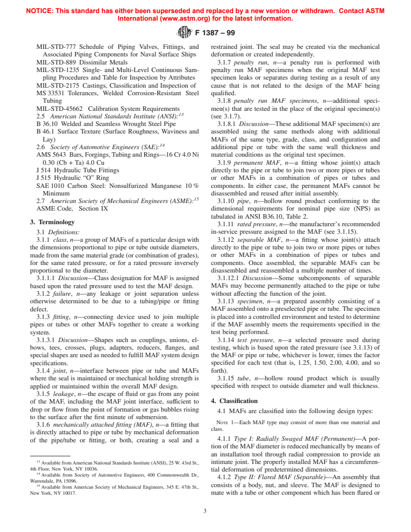 ASTM F1387-99 - Standard Specification for Performance of  Piping and Tubing Mechanically Attached Fittings