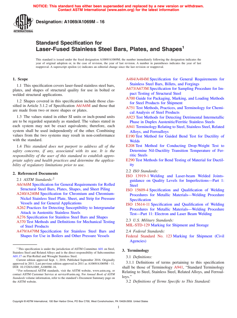 ASTM A1069/A1069M-16 - Standard Specification for  Laser-Fused Stainless Steel Bars, Plates, and Shapes