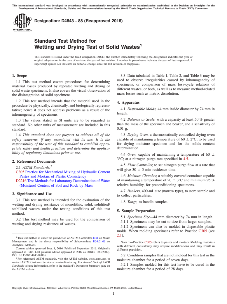 ASTM D4843-88(2016) - Standard Test Method for  Wetting and Drying Test of Solid Wastes