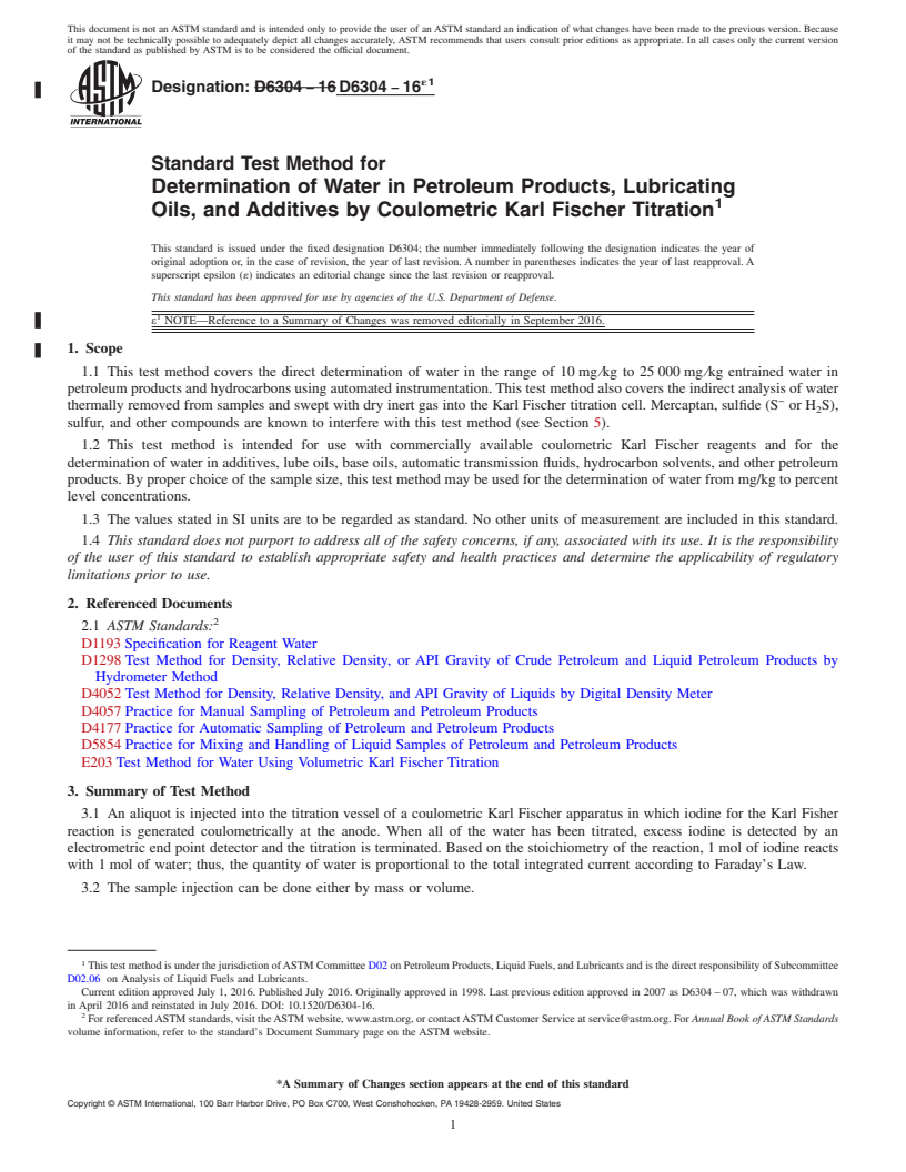 REDLINE ASTM D6304-16e1 - Standard Test Method for  Determination of Water in Petroleum Products, Lubricating Oils,   and Additives by Coulometric Karl Fischer Titration