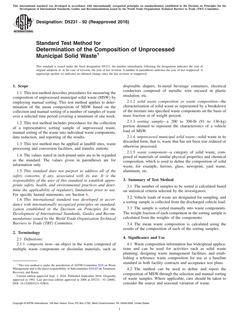 ASTM D5231-92(2016) - Standard Test Method for  Determination of the Composition of Unprocessed Municipal Solid  Waste