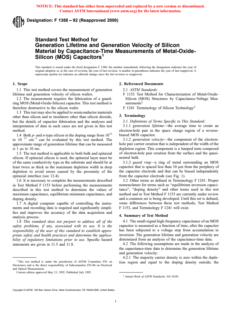 ASTM F1388-92(2000) - Standard Test Method for Generation Lifetime and Generation Velocity of Silicon Material by Capacitance-Time Measurements of Metal-Oxide-Silicon (MOS) Capacitors (Withdrawn 2003)