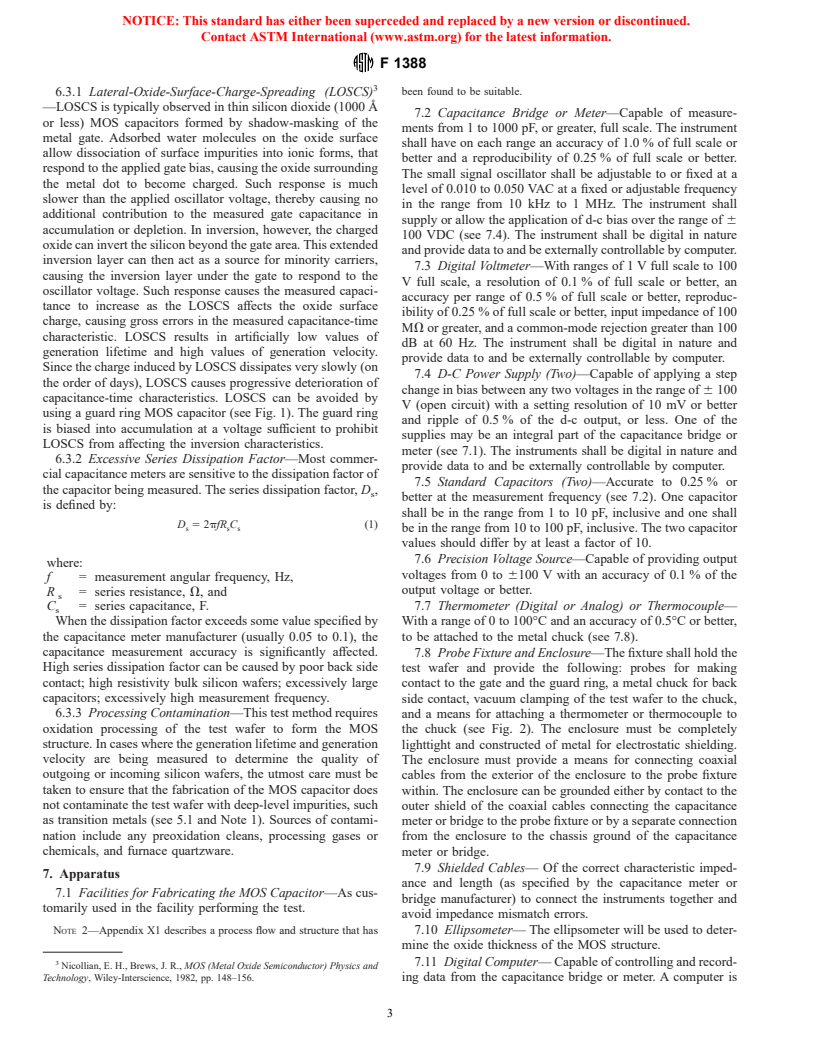 ASTM F1388-92(2000) - Standard Test Method for Generation Lifetime and Generation Velocity of Silicon Material by Capacitance-Time Measurements of Metal-Oxide-Silicon (MOS) Capacitors (Withdrawn 2003)