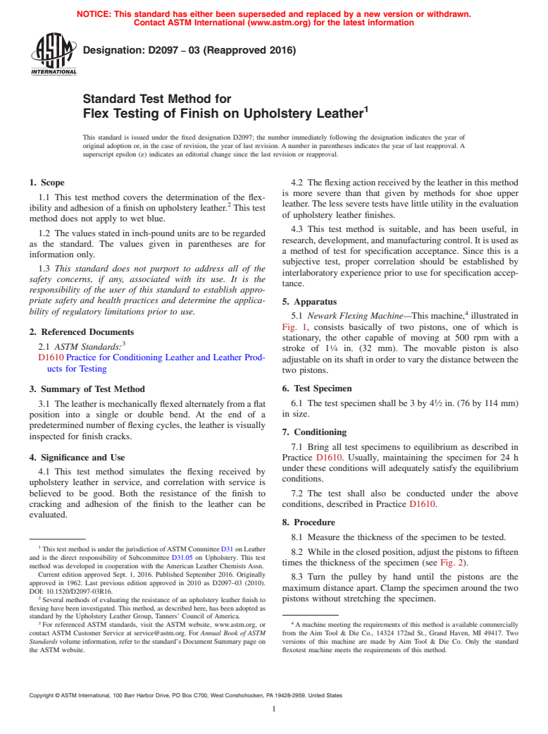 ASTM D2097-03(2016) - Standard Test Method for  Flex Testing of Finish on Upholstery Leather