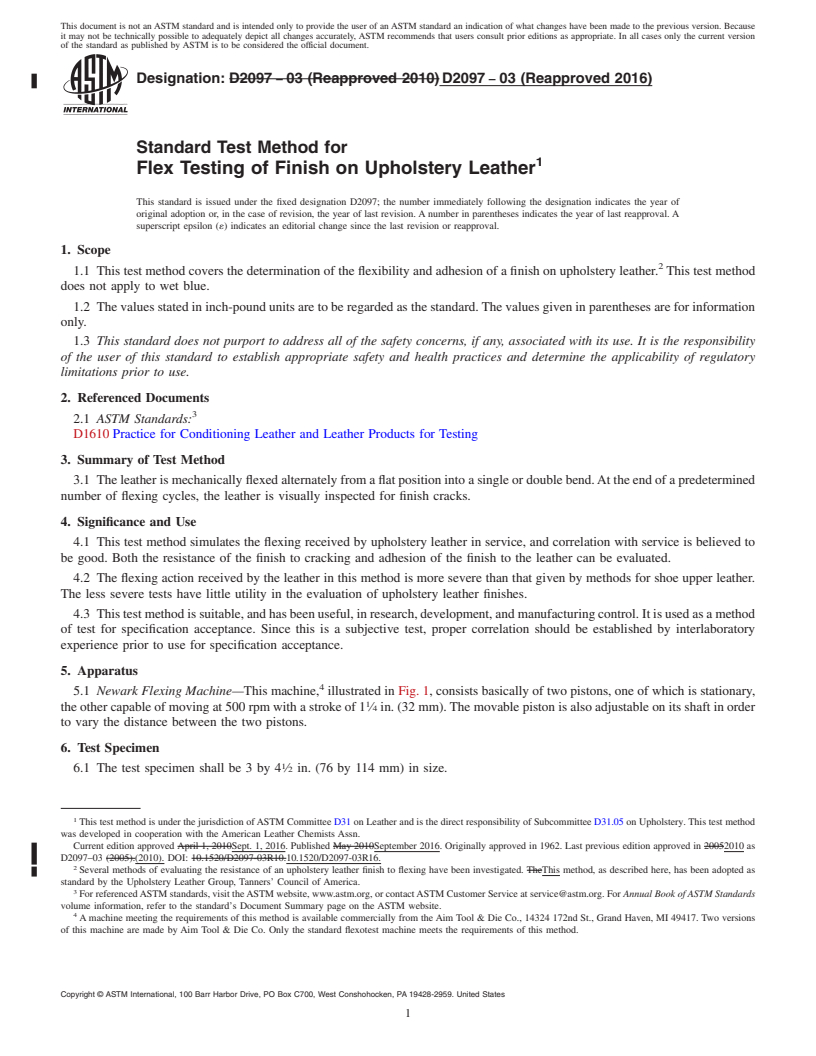 REDLINE ASTM D2097-03(2016) - Standard Test Method for  Flex Testing of Finish on Upholstery Leather