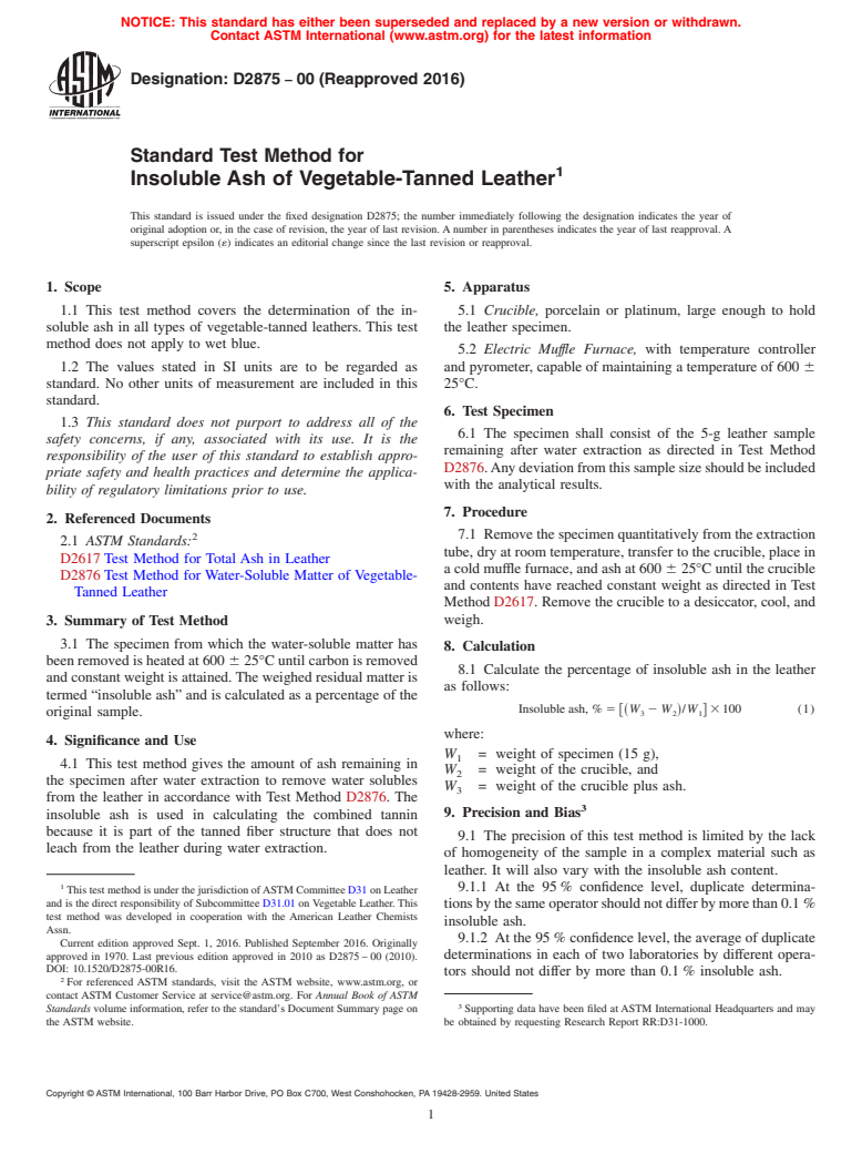 ASTM D2875-00(2016) - Standard Test Method for  Insoluble Ash of Vegetable-Tanned Leather