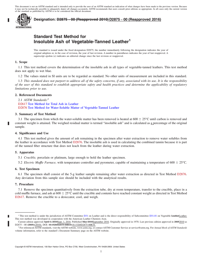 REDLINE ASTM D2875-00(2016) - Standard Test Method for  Insoluble Ash of Vegetable-Tanned Leather