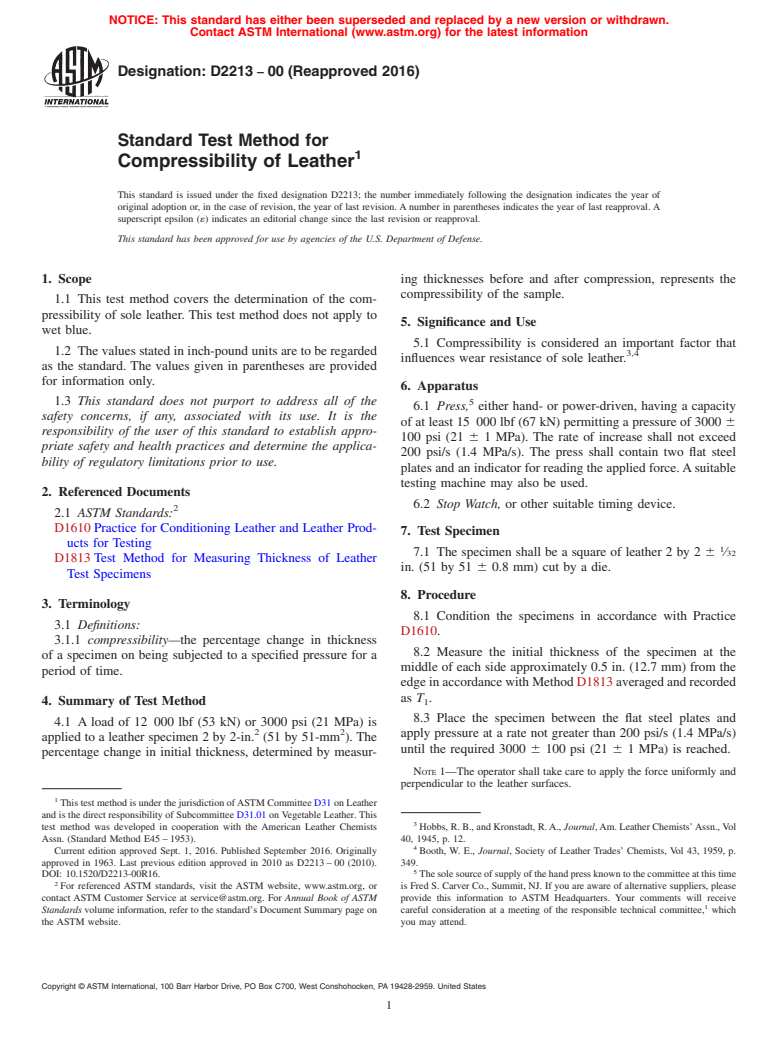 ASTM D2213-00(2016) - Standard Test Method for  Compressibility of Leather