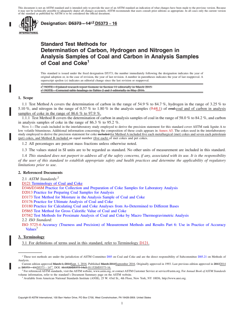 REDLINE ASTM D5373-16 - Standard Test Methods for  Determination of Carbon, Hydrogen and Nitrogen in Analysis  Samples of Coal and Carbon in Analysis Samples of Coal and Coke