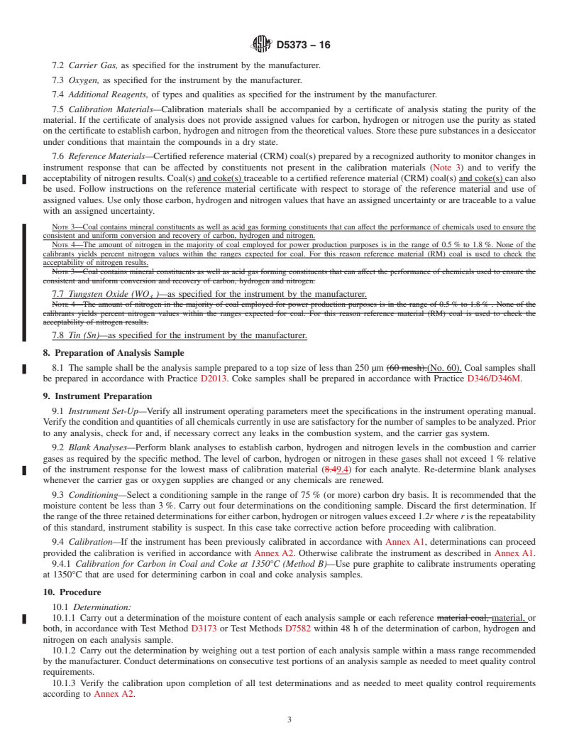 REDLINE ASTM D5373-16 - Standard Test Methods for  Determination of Carbon, Hydrogen and Nitrogen in Analysis  Samples of Coal and Carbon in Analysis Samples of Coal and Coke