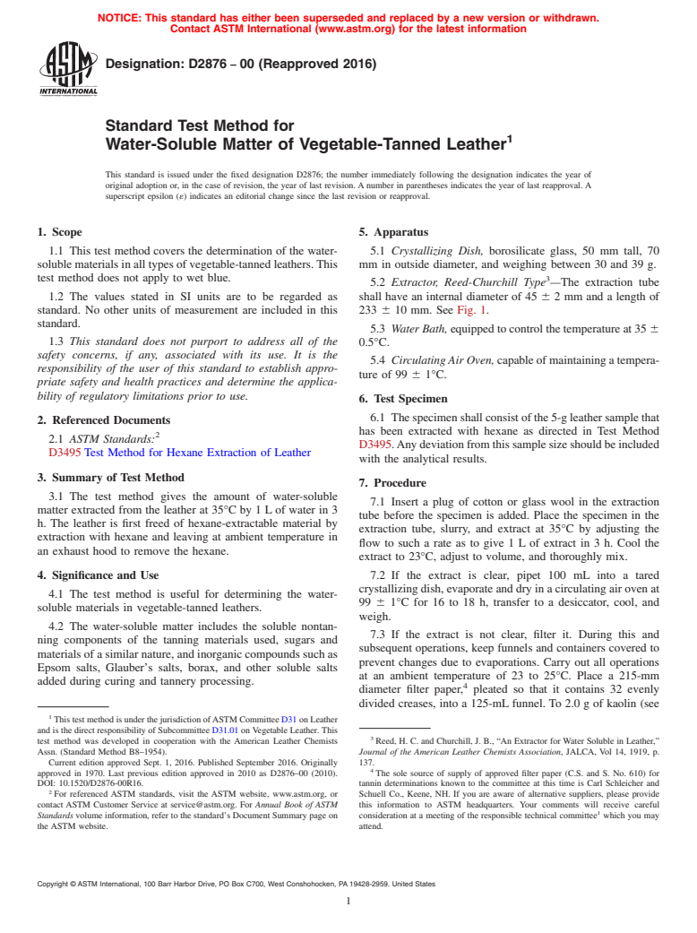 ASTM D2876-00(2016) - Standard Test Method for  Water-Soluble Matter of Vegetable-Tanned Leather