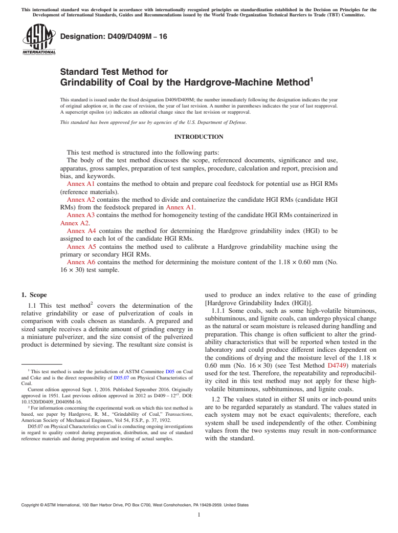 ASTM D409/D409M-16 - Standard Test Method for  Grindability of Coal by the Hardgrove-Machine Method