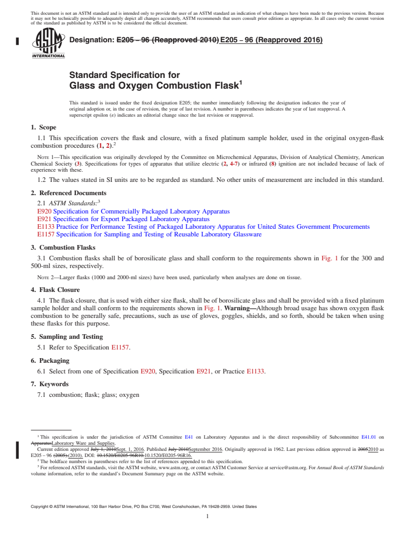 REDLINE ASTM E205-96(2016) - Standard Specification for  Glass and Oxygen Combustion Flask