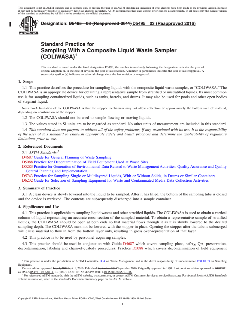 REDLINE ASTM D5495-03(2016) - Standard Practice for  Sampling With a Composite Liquid Waste Sampler (COLIWASA)