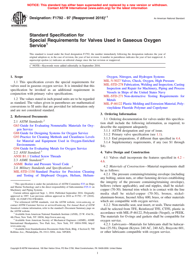 ASTM F1792-97(2016)e1 - Standard Specification for  Special Requirements for Valves Used in Gaseous Oxygen Service