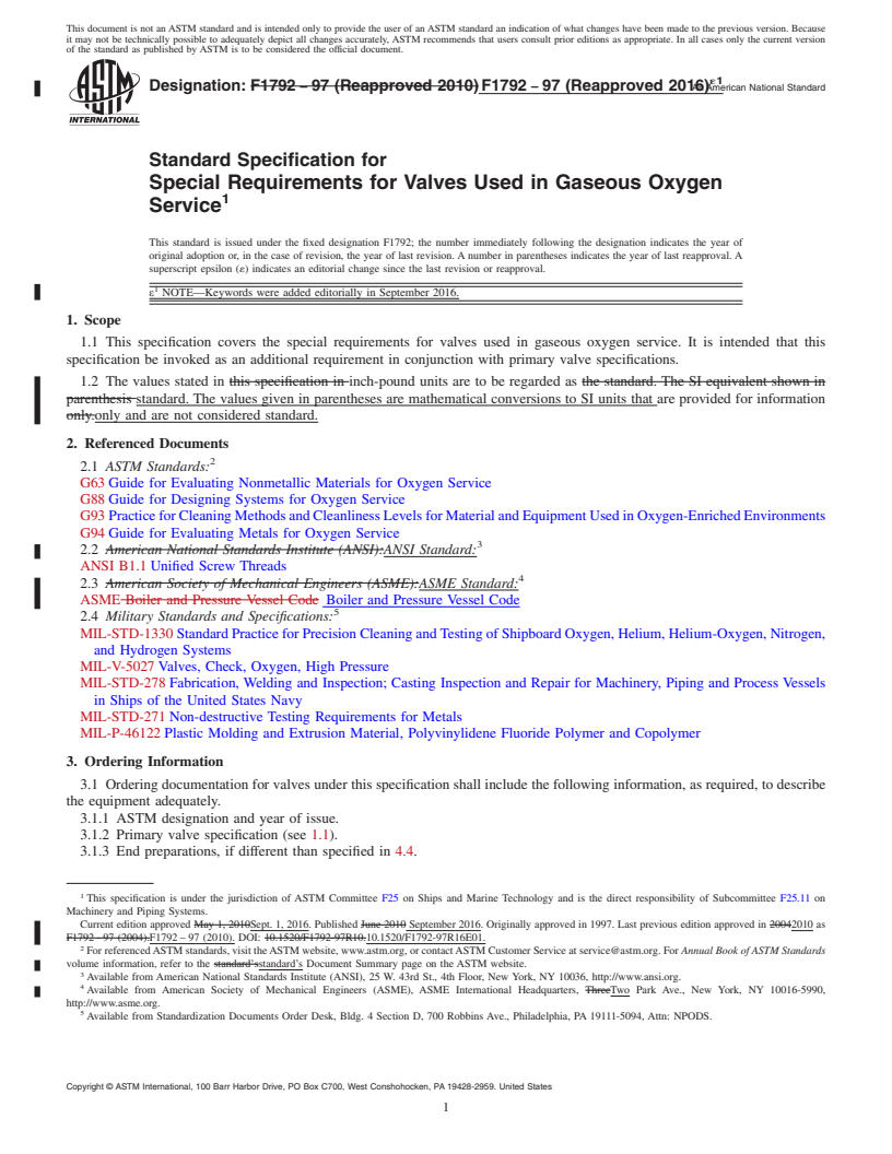 REDLINE ASTM F1792-97(2016)e1 - Standard Specification for  Special Requirements for Valves Used in Gaseous Oxygen Service