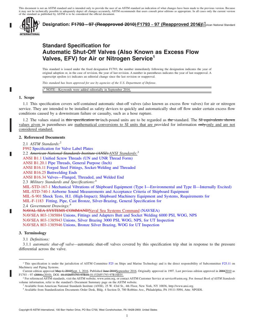 REDLINE ASTM F1793-97(2016)e1 - Standard Specification for  Automatic Shut-Off Valves (Also Known as Excess Flow Valves,   EFV) for Air or Nitrogen Service