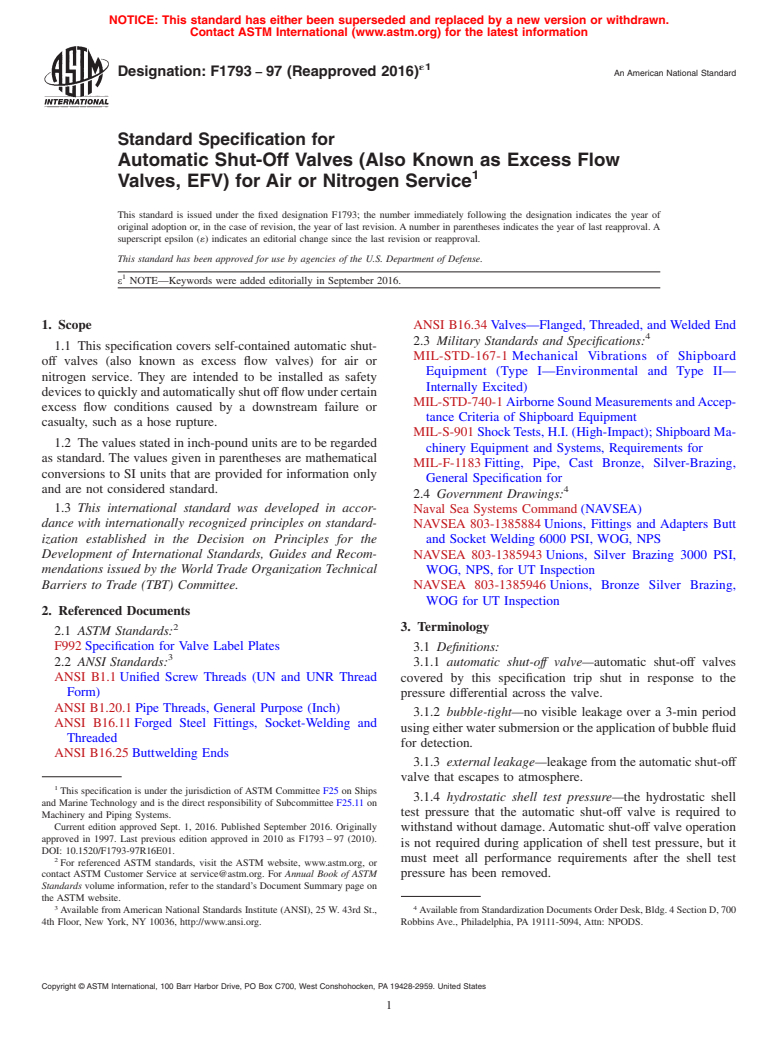 ASTM F1793-97(2016)e1 - Standard Specification for  Automatic Shut-Off Valves (Also Known as Excess Flow Valves,   EFV) for Air or Nitrogen Service