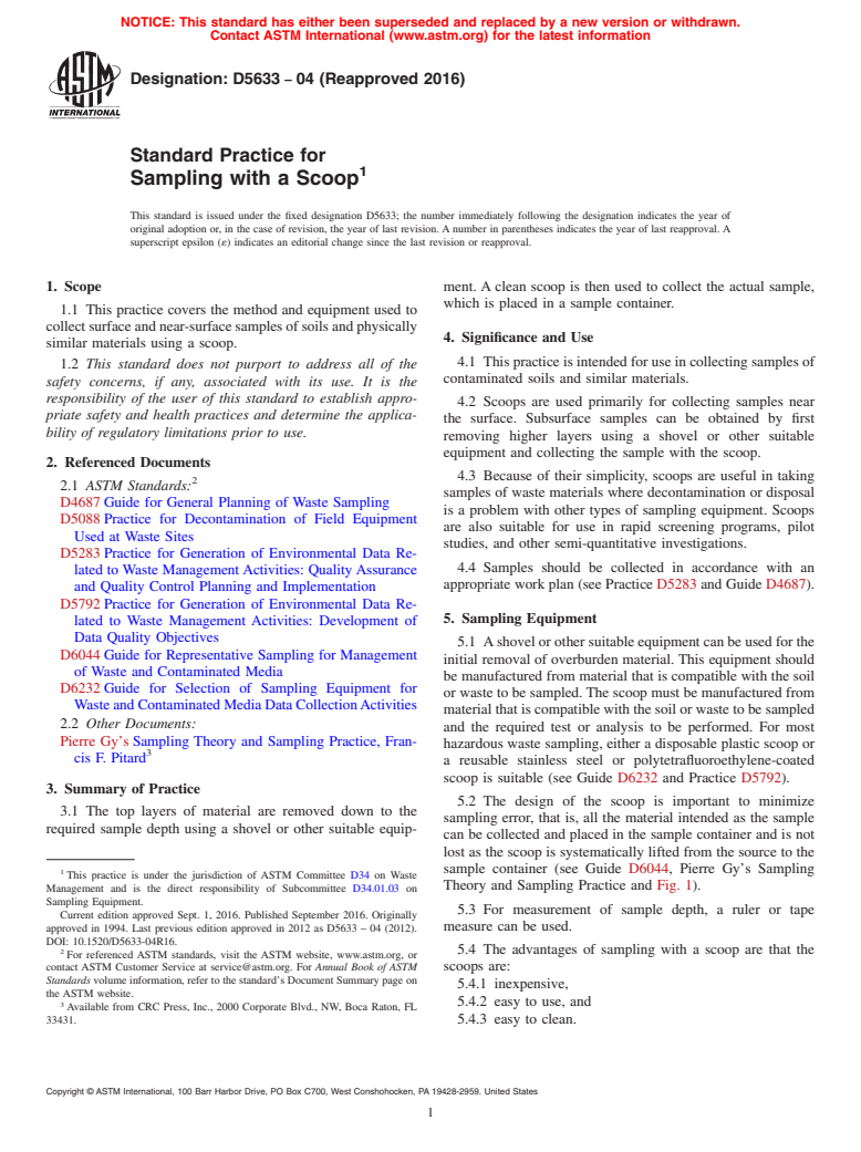 ASTM D5633-04(2016) - Standard Practice for  Sampling with a Scoop