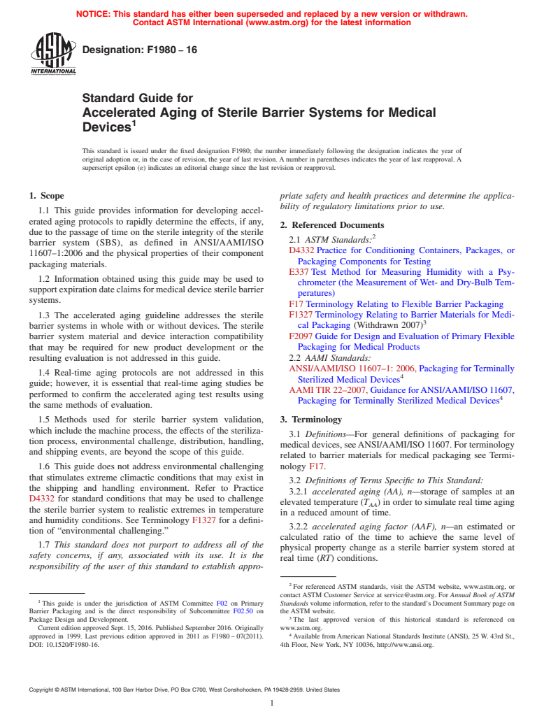 ASTM F1980-16 - Standard Guide for  Accelerated Aging of Sterile Barrier Systems for Medical Devices