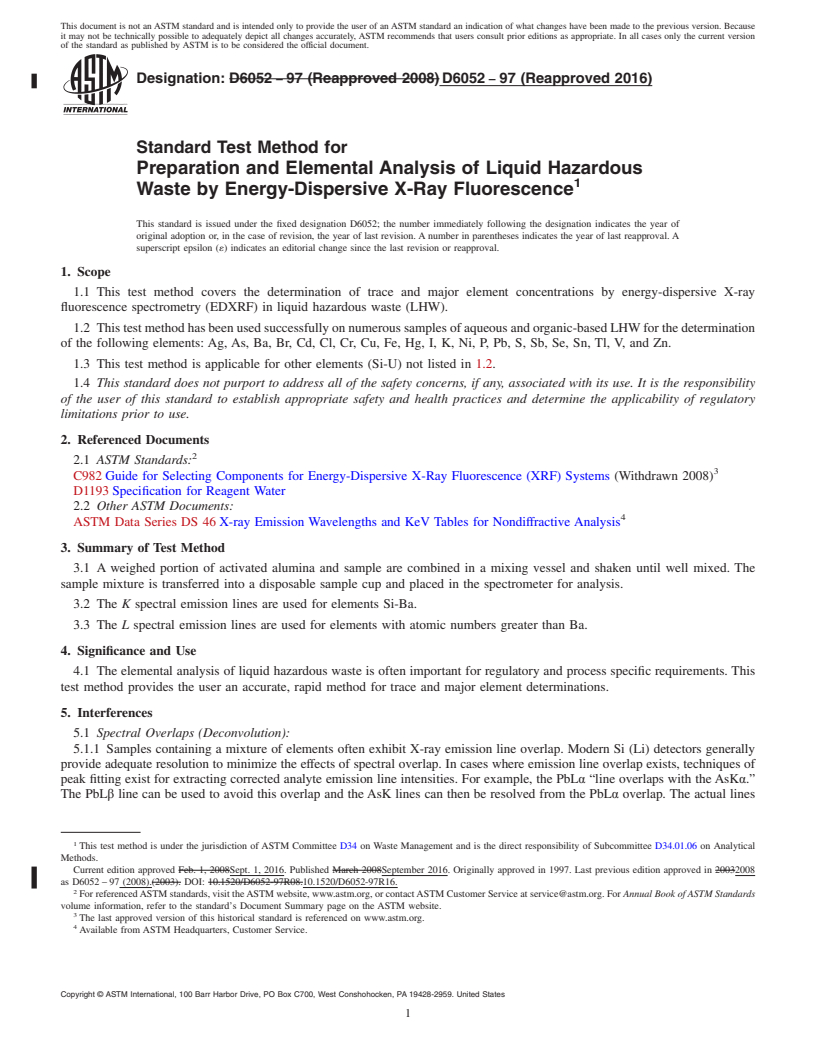 REDLINE ASTM D6052-97(2016) - Standard Test Method for  Preparation and Elemental Analysis of Liquid Hazardous Waste  by Energy-Dispersive X-Ray Fluorescence