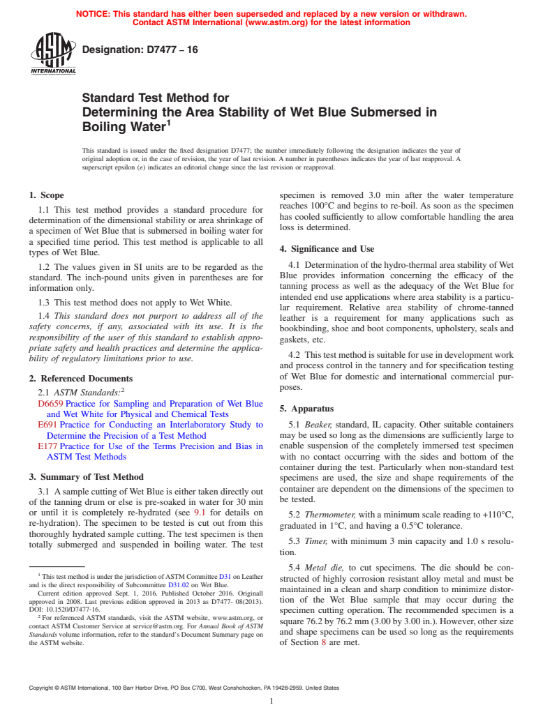 ASTM D7477-16 - Standard Test Method for  Determining the Area Stability of Wet Blue Submersed in Boiling  Water